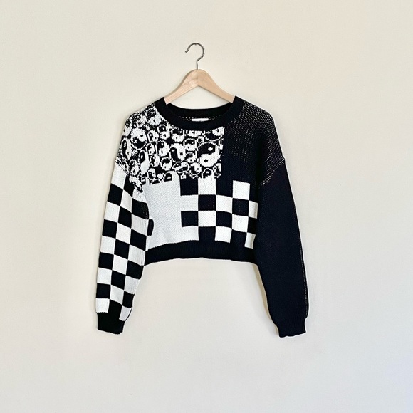 BP Nordstrom Yin Yang Checkered Black White Cropped Crew Sweater Women’s Medium - Picture 1 of 8